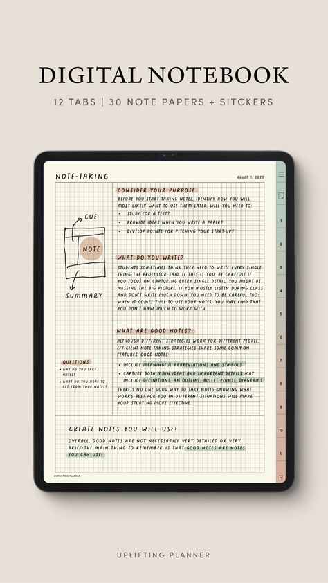 Cornell lecture note 12 Tab Digital Notebook by Uplifting Planner with 30 Note paper templates Templates For Onenote, Goodnotes Revision Notes, Digital Cornell Notes, Cornell Notes Template Goodnotes, Research Notes Template, Pdf Note Template, Digital Note Ideas, Goodnotes Note Taking, Goodnotes Notebook Paper Template