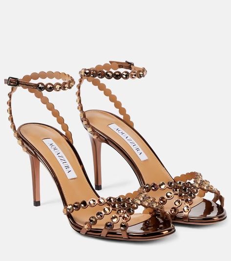 Aquazzura Tequila Sandals, Brown Designer Heels, Aquazzura Tequila, Beaded Leather Sandals, Aquazzura Heels, Aquazzura Shoes, Embellished Shoes, Mid Heel Sandals, Brown Leather Sandals