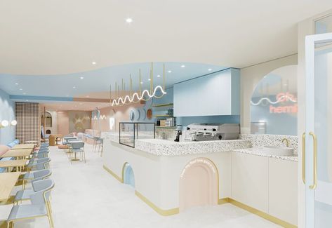 Pastel Cafe Interior Design, Blue Cafe Interior Design, Pastel Interior Design Cafe, Clouds Interior Design, Theme Cafe Interior, Interior Design Pastel Colors, Pastel Cafe Interior, Blue Cafe Interior, Dog Cafe Aesthetic