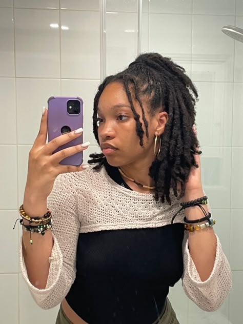 Boho Black girl with locs Shoulder Length Dread Hairstyles, Loc Hairstyles Medium Length, Skunk Stripe Locs Black Women, Shoulder Length Dreads, Small Locs, Dream Hairstyles, Dreads Styles For Women, Loc Goddess, Short Dreadlocks Styles