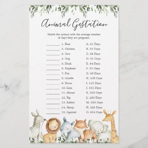 Safari Animals Baby Shower Animal Gestation Game - Baby Shower Invitations Baby Name Game, Animal Baby Shower Theme, Baby Shower Wording, Safari Baby Shower Invitations, Baby Shower Wishes, Who Knows Mommy Best, Animals Illustration, Animals Baby Shower, Celebrity Baby Names