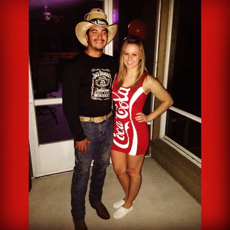 Jack and coke Halloween couple costume Jack And Come Halloween Costume, Jack And Coke Costume Couple, Jack And Coke Halloween Costume, Jack And Coke Costume, Jack And Coke Costumes, Coke Costume, Jack Costume, Couples Fancy Dress, Costume Homemade