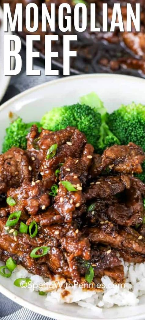 This Easy Mongolian Beef recipe uses slices of tender beef coated in a sweet and salty sauce. Serve over a bed of rice with a side of broccoli for a meal that will definitely impress your guests! #spendwithpennies #easymongolianbeef #maindish #PFChangs #copycat #homemade Easy Mongolian Beef Recipe, Easy Mongolian Beef, Mongolian Beef Recipe, Mongolian Beef Recipes, Beef And Broccoli, Meal Prep Plans, Mongolian Beef, Beef Recipe, Tender Beef