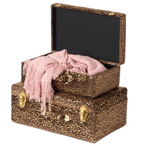 Dimensions: Medium- 21.25" W x 13.75" D x 8.50" H, Small- 18.50" W x 11.50" D x 6.50" H Durable wood base covered with velvet fabric Velvet upholstered design and gold harware for a modern appeal Large interior space and surface area for extra storage… Decorative Trunks, Blankets Throw, Suitcase Storage, Storage Trunks, Storage Trunk, Vintage Luggage, Carry On Suitcase, Hinged Lid, Treasure Chest