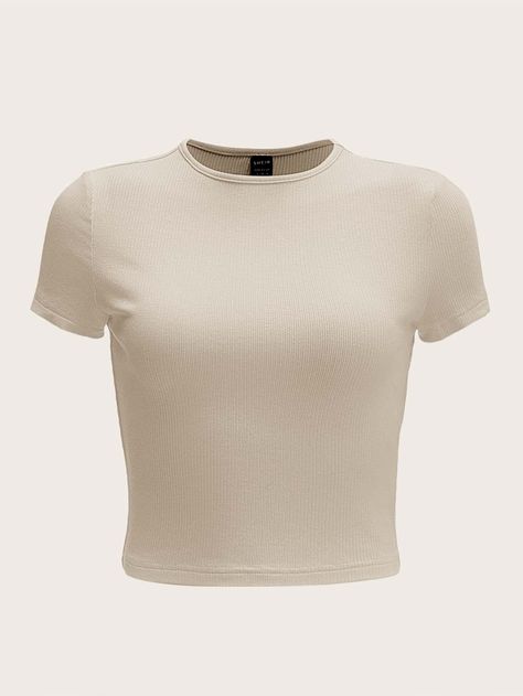 Beige Top Outfit, Beige T Shirts, Beige Shirt, Body Outfit, Fashion Top Outfits, Beige Top, Shein Tops, Knit Tees, Casual Style Outfits