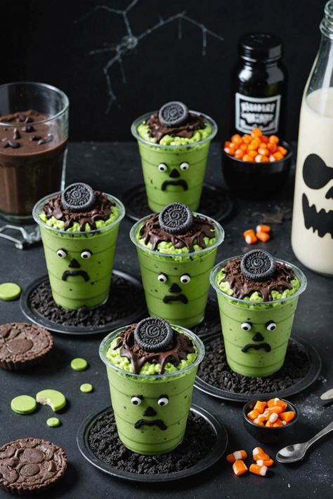 A photo of a  Frankenstein Pudding Cups which is a type of halloween snacks for kids Frankenstein Food Halloween, Frankenstein Treats Halloween, Halloween Cup Dessert, Fun Halloween Recipes For Kids, Halloween Pudding Cups Ideas, Pudding Cups Halloween, Halloween Party Kids Food, Halloween Snacks For Party Kids, Halloween Kids Food Ideas