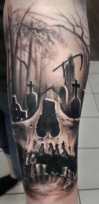 Skull Graveyard Tattoo, Graveyard Scene Tattoo, Cemetary Tattoo Graveyards, Realism Shoulder Tattoo, Grave Yard Tattoos Designs, Grave Yard Tattoos, Skull Tattoo On Thigh, Mens Skull Tattoo, Grave Tattoo Design