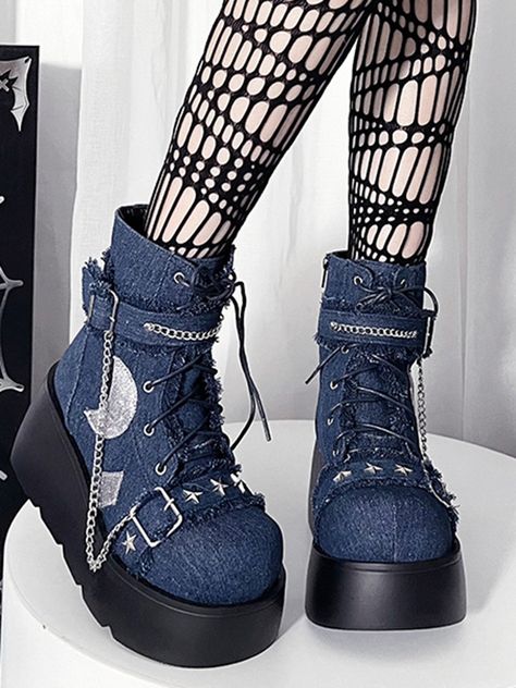 Step into a world of enchantment with these lace-up shoes featuring whimsical details. The laces are adorned with charming faux fur trimmings, adding a touch of softness to the overall design. The toe cap showcases star-shaped studs and a strap with faux fur embellishments, creating a celestial look. Around the ankle, an adjustable buckle strap is decorated with a chain and faux fur, ensuring a secure and stylish fit. A chain links the two buckle straps, enhancing the shoe's unique aesthetic. Additional patches depicting moons and other celestial motifs decorate the shoes, making them truly one-of-a-kind.  Price includes one pair of shoes only.   	 		 			Size 			34 			35 			36 			37 			38 			39 			40 		 		 			Foot Length 			22 			22.5 			23 			23.5 			24 			24.5 			25 		 		 			Heel 			8 Dark Blue Shoes Aesthetic, Moon Outfit Aesthetic, Moon Outfit Ideas, Shoe Lace Designs, Star Outfit Aesthetic, Platform Boots Aesthetic, Boots With Chains, Witchy Shoes, Moon Applique