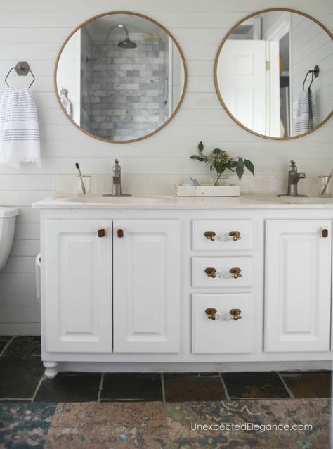 How to Transform a Builder Grade Bathroom Vanity for LESS | Unexpected Elegance Update Small Bathroom, Cleaning Bathrooms, Farmhouse Bathroom Decor Ideas, Modern Farmhouse Bathroom, Bathroom Decorating, Powder Bath, Tile Designs, Bathroom Update, Farmhouse Bathroom Decor