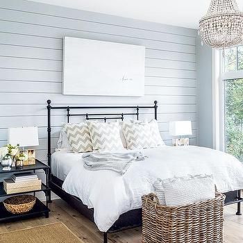 Blue Shiplap Wall with Black Iron Bed Shiplap Bedroom, Inside House, Shiplap Wall, House Family, Farmhouse Decorating, Farmhouse Master, Bedroom Accent, Apartment Bedroom, Accent Wall Bedroom