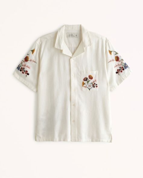 https://www.abercrombie.com/shop/us/p/camp-collar-linen-blend-embroidered-button-up-shirt-52034319?seq=05&cmp=PLA:EVG:20:A:D:USCA:X:GGL:X:SHOP:X:X:X:X:x:A%26F+Adults_Google_Shopping_PLA_US_Tops_All+products_PRODUCT_GROUP&gclid=EAIaIQobChMIyJGv5LylgAMViK3ICh0V9QhCEAQYCCABEgJ4gPD_BwE&gclsrc=aw.ds#stylitics-container Tablecloth Shirt, Embroidery Shirt Men, India Fashion Men, Abercrombie Men, Clothing Store Interior, Trendy Shirt Designs, Popover Shirt, Summer Linen, Shirt Embroidery