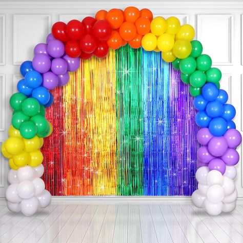 PRICES MAY VARY. Package includes: You'll get 112pcs colorful balloons in 12inches and 5 inches(red, orange, yellow, green, blue, purple, white), 2pcs of rainbow foil fringe curtains measuring 3.3ft x 6.6ft, 1pc of 16.4ft balloon tool and 100pcs of adhesive dots. Our assortment of colorful balloons is designed to meet all your party decoration needs, providing you with the ideal elements to create a unique rainbow party. Durable material: This rainbow balloon garland kit is made of premium latex Balloon Arch With Streamer Backdrop, Funky Party Decor, Rainbow Birthday Party For Kids, Inside Out 2 Party Decorations, Roblox Rainbow Friends Birthday Party, Wizard Of Oz Balloon Arch, Rainbow Graduation Theme, Rainbow Room Decorations, Inside Out Birthday Party Decorations