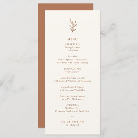 Fall Wedding Menu Cards, Fall Menu Design, Summer Wedding Menu, Fall Wedding Menu, Simple Wedding Menu, Orange Wedding Themes, Burnt Orange Wedding, Terracotta And Green, Menu Card Design