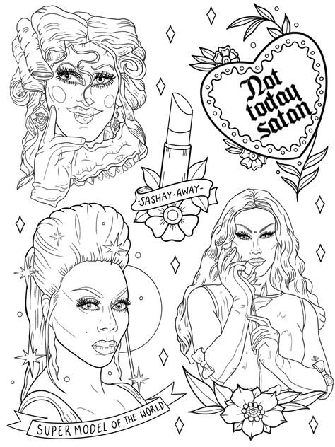 Rupaul Tattoo Ideas, Cat Kingston Tattoo, Rupaul Tattoo, Fineline Flash, Cat Kingston, Kingston Tattoo, Vinyl Record Art Ideas, Learn To Tattoo, Fashion Coloring Book