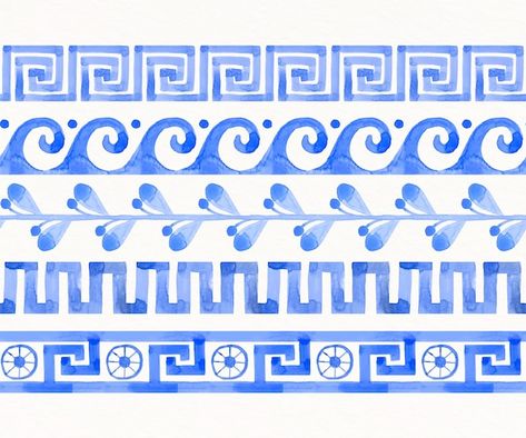 Free vector watercolor greek border | Free Vector #Freepik #freevector #greek-border #greek-frame #frame-set #collection Greek Geometric Pattern, Greek Frame Design, Ancient Greek Patterns, Old Greece Aesthetic, Greek Art Wallpaper, Greek Plants, Greek Mural, Watercolor Frame Border, Greece Moodboard