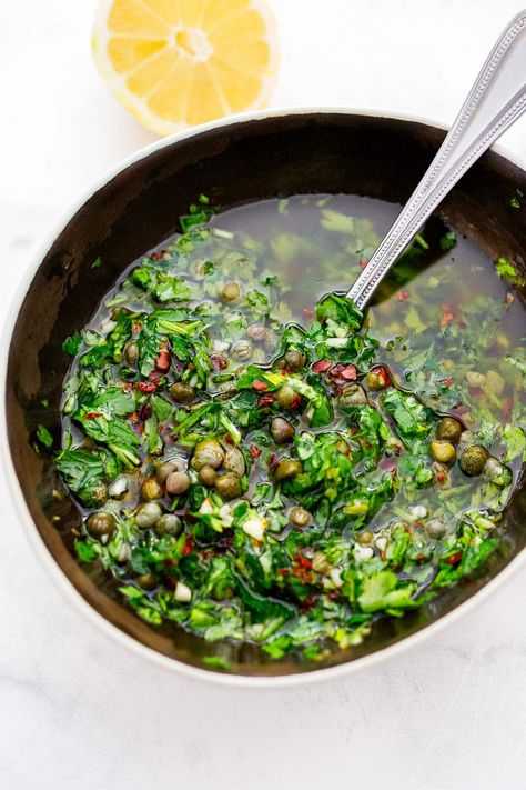 Punchy Italian Salsa Verde. Briny, lemony, and vibrant! Made with parsley, lemon, garlic, capers, and oil. Italian Salsa Verde, Italian Salsa, Basil Aioli, Parsley Sauce, Vegan Appetizer, Grilled Artichoke, Vegan Appetizers, Salsa Verde, Aioli