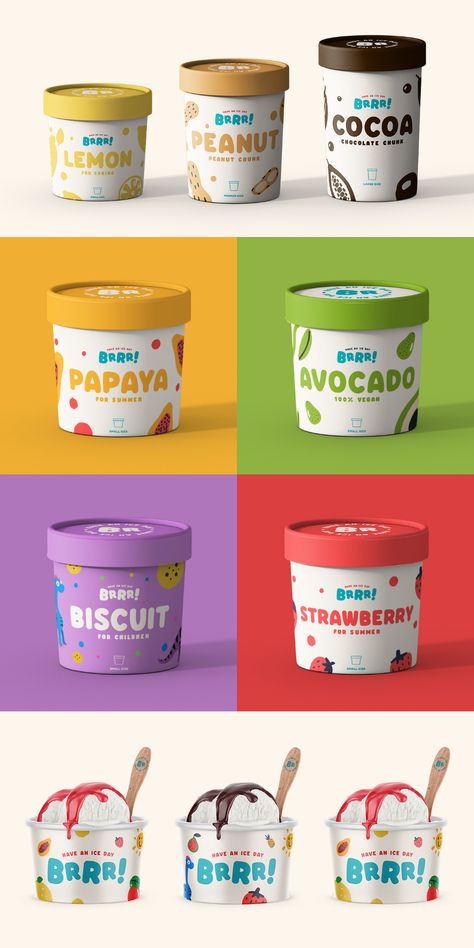 Brrr! Ice Cream - Corporate Identity on Behance Ice Cream Branding Design, Ice Cream Cups Packaging, Ice Cream Logo Design, Ice Cream Cups Design, Ice Cream Branding, Cream Branding, Nonprofit Design, Organic Ice Cream, Ice Cream Logo