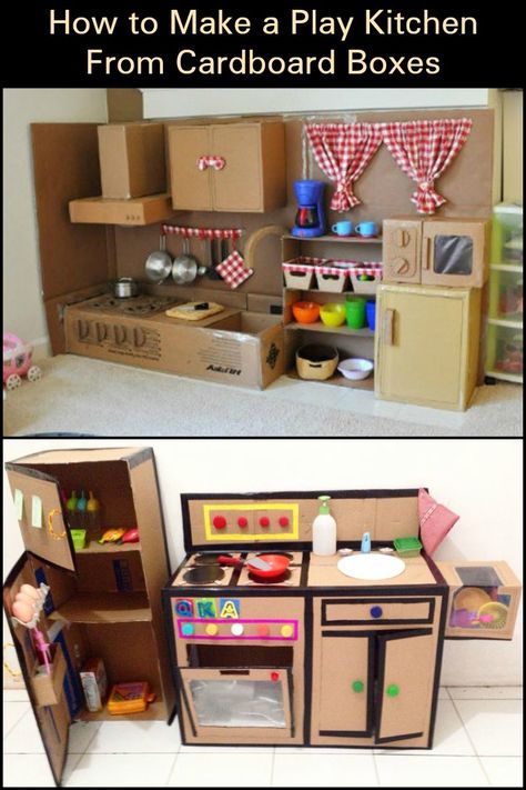 Have your kids been asking for a play kitchen set? Cardboard Kitchen, Diy Kids Kitchen, Cardboard Play, Cardboard Crafts Kids, Carton Diy, Kitchen Sets For Kids, Diy Kids Furniture, Cardboard Box Crafts, Cardboard Toys