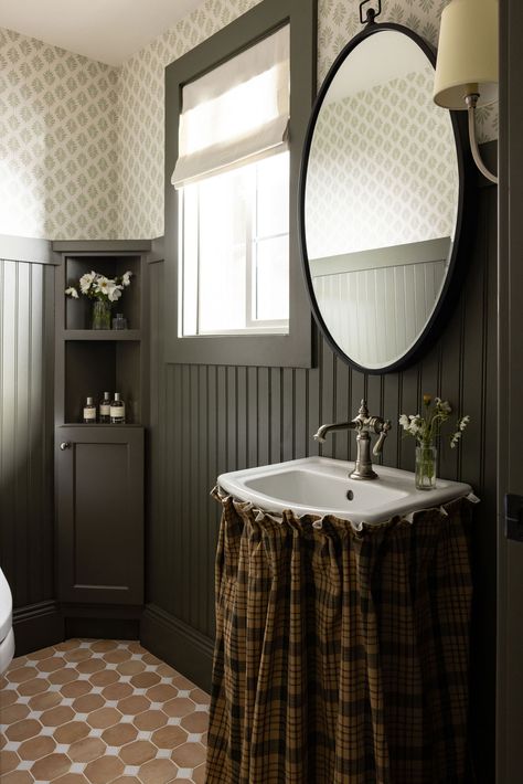 Green Paint And Wallpaper, Terracotta Bathroom Floor, Folding Glass Patio Doors, Olive Green Paint, Powder Bathroom Ideas, California Coastal Style, Boston House, Oval Mirror Bathroom, Powder Bathroom