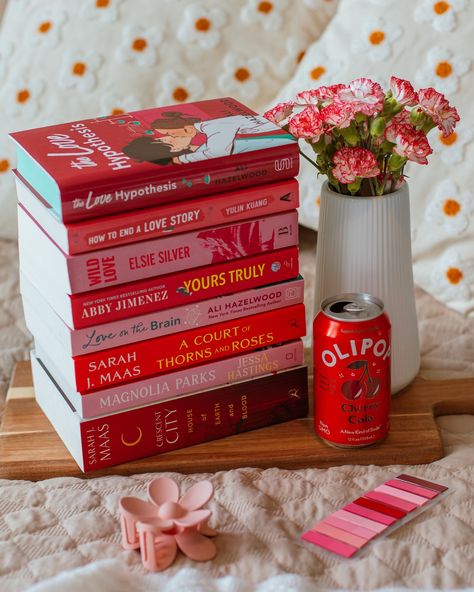 ♥️💋❤️‍🔥🍓🍒🍄 ​ ​red book stack featuring romance books - crescent city, acotar, the love hypothesis, wild love, magnolia parks, love on the brain, yours truly. Bookstagram, book photography, bookish Book Photography Aesthetic, Book Stacks Aesthetic, February Reading, Book Core, House Of Earth And Blood, Love On The Brain, The Love Hypothesis, Love Hypothesis, Magnolia Parks