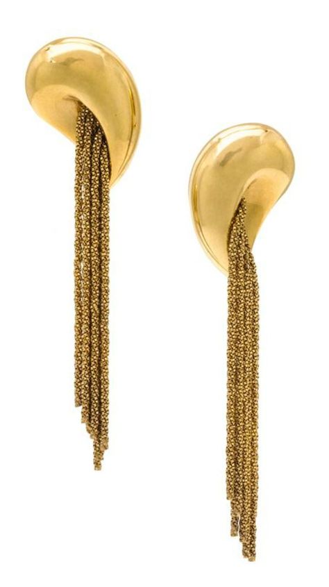 A Pair of 18 Karat Yellow Gold Tassel Earclips, Yuri Ichihashi, consisting of sculpted inverted tear drop sections suspending gold chain tassels. Jigsaw Jewellery, Flower Waterfall, Bold Gold Jewelry, Jewelry Mood Board, Gold Tassel Earrings, Jewelry Editorial, Fine Gold Jewelry, Jewelry Sale, Tassel Jewelry