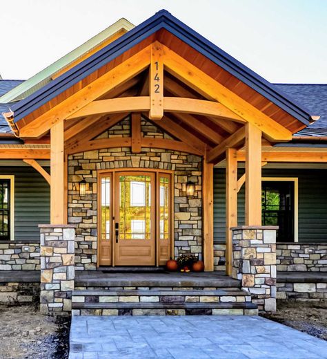 Timber Frame Deck, Timber Framed Porch, Timber Porch, Lakehouse Remodel, Timber Frame Exterior, Cottage Mountain, Porch Gable, Cottage Addition, Timber Entrance