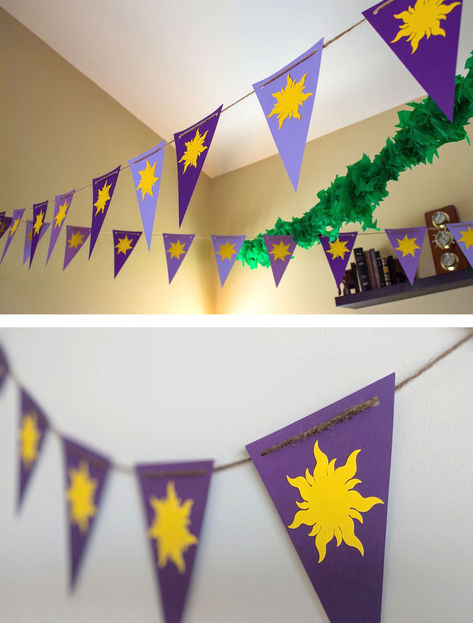 These custom Tangled-themed flag garlands can work for any kid's birthday party, or even for a new year's celebration! If you're a fan of Tangled and Rapunzel then you'll adore our linked list with even more Disney-style crafts Tangled Rapunzel Bedroom, Tangled Parade Float, Tangled Classroom Door, Tangled Activities For Kids, Tangled Girls Camp Theme, Tangled Activities, Tangled Photo Booth, Tangled Trunk Or Treat Ideas, Rapunzel Decorations Party