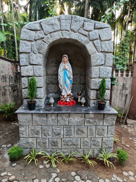 Grotto design Grotto Design Ideas, Grotto Design, Lourdes Grotto, Mary Garden, Front Yard Decor, Wall Unit Designs, Prayer Garden, Prayer Corner, Mobile Home Porch