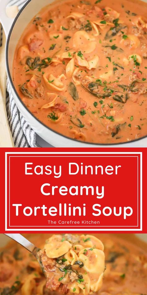 Tortellini Soup Crockpot, Creamy Sausage Tortellini Soup, Creamy Sausage Tortellini, Pasta And Spinach, Spinach Dinner, Italian Sausage Tortellini, Italian Sausage Tortellini Soup, Italian Tortellini, Cheese Tortellini Soup