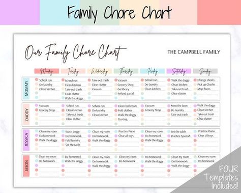 Colorful Family Chore Chart, Editable Family Weekly Family Schedule, Chore Calendar, Chore Schedule, Family Chore Chart, Weekly Chore Charts, Family Chore Charts, Chore Chart Template, Wifi Password Sign, Executive Resume Template