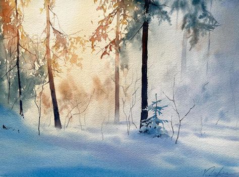 Victoria on Instagram: ““Shining Winter”, watercolor on paper ❄️ Available in my Etsy shop • 📐23x31cm ◻️Saunders Waterford, CP • • • #watercolor #watercolour…” Watercolour Winter Trees, Watercolour Snow Scenes Winter Landscape, Watercolor Snowy Trees, Winter Sunset Watercolor, Winter Tree Watercolor, Watercolour Winter Scenes, Winter Watercolour Painting, Winter Watercolor Landscape, Watercolor Paintings Christmas Cards