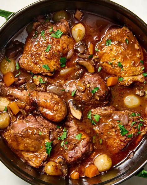 Coq Au Vin Recipe | The Kitchn French Chicken Recipes, Coq Au Vin Recipe, French Chicken, Perfect Mashed Potatoes, Dinner Rotation, Salmon Potato, Red Wine Sauce, Lunch Appetizers, Weekend Cooking