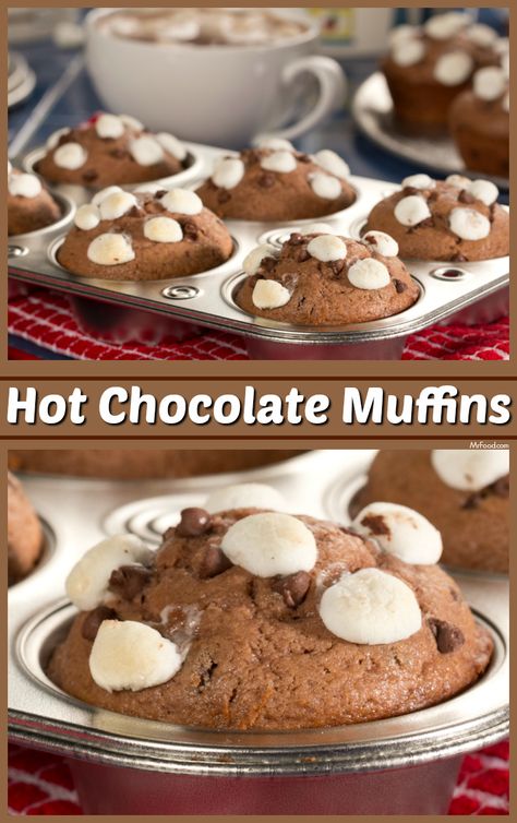 Christmas Muffins For Kids, Hot Chocolate Bread, Hot Cocoa Muffins, Christmas Muffin Recipes, Christmas Muffin Ideas, Winter Muffin Recipes, Christmas Muffins Recipes, Hot Chocolate Muffins, Winter Muffins