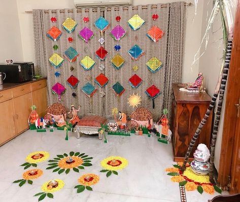 Follow Mouni's Decor (@mounis_decor) for more Bhogi Pallu Decoration At Home For Kids, Bhogipallu Decoration At Home, Bornahan Decoration Ideas, Bornhan Decoration At Home, Sankranthi Decoration Ideas At Home, Sankranti Decoration At Home, Bhogi Pallu Decoration At Home, Pongal Craft, Sankranthi Decoration