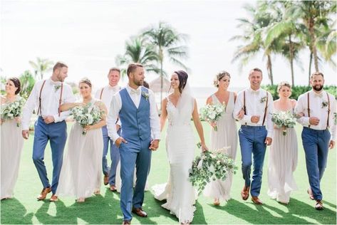 Bridesmaids in Light Gray Dresses | Groomsmen in Blue Pants with Leather Suspenders | Fall Oceanfront Marco Island Wedding | Florida Weddings | Caitlin Page Photography | Modern Boho Fall Wedding at JW Marriott Marco Island Wedding Venue. Get more inspiration from this light green, blue & gray oceanfront ceremony & reception. #floridaweddings #weddingphotography#marcoislandwedding Men’s Wedding Looks Casual, Beach Wedding Suspenders Groomsmen, Groomsmen Blue Pants, Beach Wedding Guys Attire, Coastal Groomsmen Attire, Beach Wedding Blue Suit, Dusty Blue Groomsmen Attire Suspenders, Groomsman Beach Wedding Attire, Light Blue Tux Wedding