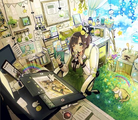 Painting Room by 佐倉おりこ. Artist Workspace, Background Reference, Girl Artist, Room Background, Anime Room, Anime Cat, 판타지 아트, 영감을 주는 캐릭터, Awesome Anime