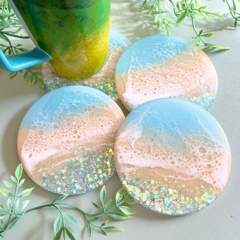 Resin Crafts Ideas Inspiration, Resin Coasters Ideas, Ocean Coasters, Peach Sunset, Magical Colors, Epoxy Keychain, Pastel Color Palette, Nautical Crafts, Resin Crafts Tutorial