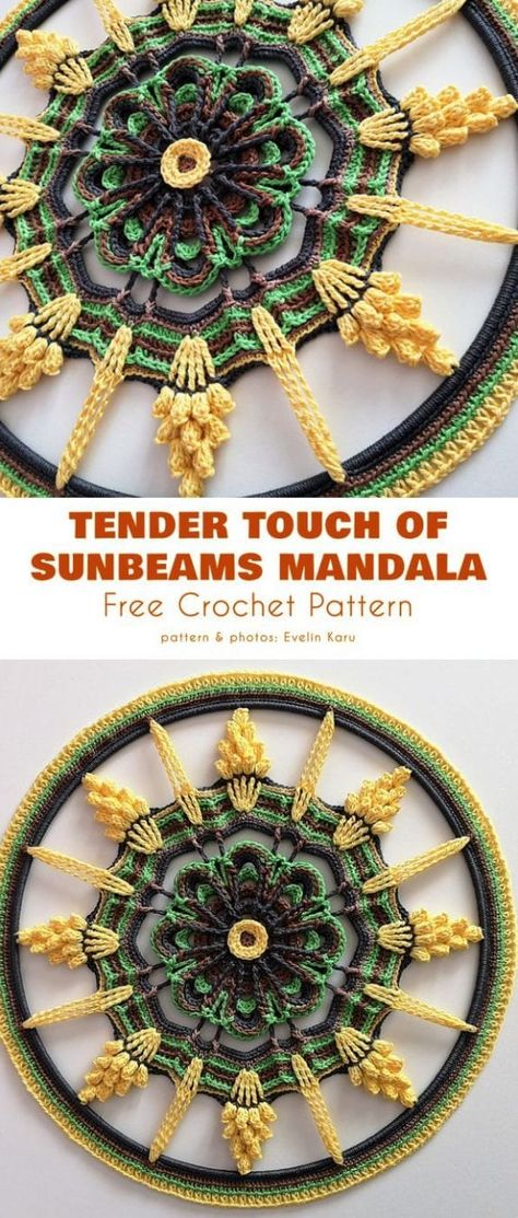 Tender Touch of Sunbeams Mandala Free Crochet Pattern | Seu Crochet Free Mandala Crochet Patterns, Crochet Dreamcatcher, Beautiful Mandala, Crochet Mandala Pattern, Crochet Wall Hangings, Crochet Blocks, Crochet Lessons, Crochet Blog, Crochet Doily Patterns