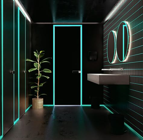 HOSTEL and restroom for workers on Behance Neon Bathroom, Gaming Center, Game Cafe, Aesthetic Place, Bathroom Design Black, Capsule Hotel, Restroom Design, Cafe Concept, Public Bathrooms