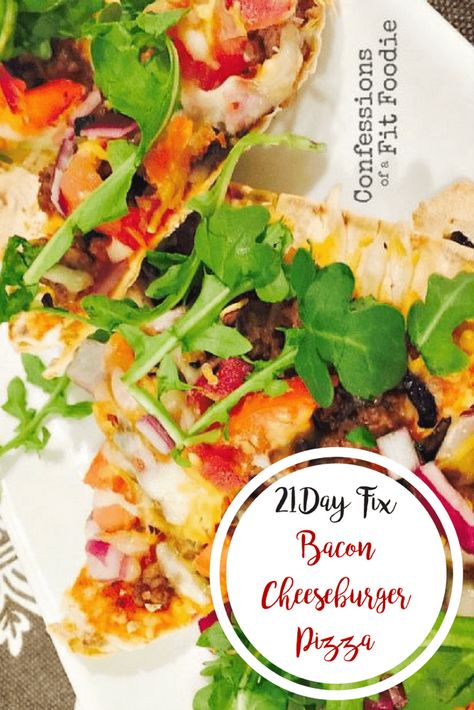 A fun twist on a bacon cheeseburger... deconstructed on a pizza!  It has all the best parts of the classic, with some healthy swaps and added veggies to stay on track! #21dayfix #baconcheeseburger #pizzanight 80 Day Obsession Meal Plan, Beach Day Food, Bacon Cheeseburger Pizza, Confessions Of A Fit Foodie, Cheeseburger Pizza, Main Entree Recipes, 21 Day Fix Breakfast, Fixate Recipes, 21 Day Fix Diet