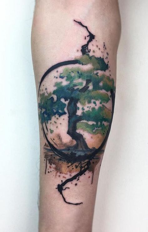 watercolor tree tattoo © tattoo artist YELIZ OZCAN ❤❤❤❤❤❤ Bonsai Tree Tattoo, Bonsai Tree Tattoos, Watercolor Tattoo Tree, Circle Tattoos, Blackout Tattoo, Tree Tattoo Designs, Make Tattoo, Tatuaje A Color, Tree Of Life Tattoo