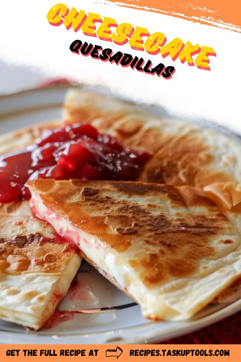 Dive into the unique fusion of flavors with our Cheesecake Quesadillas! With the heavenly combination of creamy cheesecake filling wrapped in crispy tortillas, drizzled with a touch of sweet sauce, it's the perfect indulgence for dessert lovers. Discover this easy-to-make recipe and add a twist to your usual dessert ideas. Save and give it a try soon! Blueberry Cream Cheese Quesadilla, Low Carb Tortilla Dessert, Dessert Wraps Recipes, Tortilla Cheesecake, Sweet Tortilla Recipes, Tortilla Dessert Recipes, Fruit Quesadilla, Dessert Quesadilla Recipes, Dessert Quesadilla