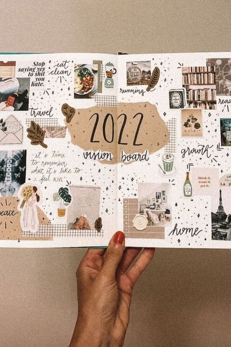 10 2023 Vision Board Ideas To Start The New Year With Intention - Its Claudia G Best Scrapbook Ideas, Large Scrapbook Ideas, Aesthetic Scrapbook Ideas For School, Vision Board In Notebook, Vision Board Scrapbook Ideas, Bucket Journal Ideas, Collage Book Ideas Scrapbook, April Scrapbook Ideas, Christian Bujo Ideas