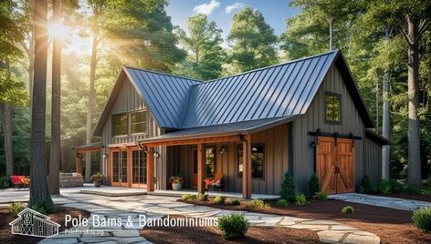 Modernize Your Home: Trendy Barndominium Colors Copper Roof Barndominium, Lake House Barndominium, Barndominium Ideas Exterior Colors, Blue Barndominium, Barndominium Exterior Colors, Barndominium Colors, Florida Barndominium, Red Barn House, Modern Barndominium Ideas