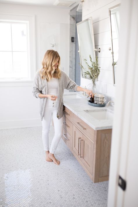 Our Primary Bathroom - Pure Joy Home Mcgee And Co Bathroom, Herringbone Bathroom, Pure Joy Home, Grey And White Bathroom, Blue Subway Tile, Mcgee And Co, Bathroom Big, Neutral Flooring, Subway Tiles Bathroom