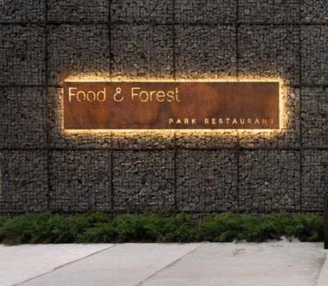 Modern Outdoor Signage, Business Outdoor Signage, Sinages Design Outdoor, Signage Design Outdoor Entrance, Corten Signage, Corten Steel Signage, Bronze Signage, Exterior Signage Design, Rustic Signage