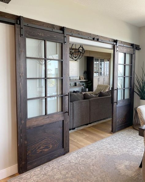 Sliding Wooden Doors Interior, Old Doors As Barn Doors, Large Doorway Ideas Room Dividers, Adding Doors To A Room, Barn Door Ideas Interior, Doors To Dining Room, Wooden Barn Doors, Rustic Woodworking, Basement Living Rooms