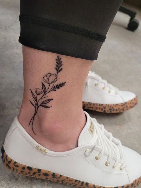 Mini Leg Tattoo, Floral Tattoo Design Ankle, Edgy Ankle Tattoos, Tattoo Ideas Female Meaningful Unique Ankle, Womens Ankle Tattoo, Ankle Leg Tattoo For Women, Flowers On Ankle Tattoo, Birth Flower Tattoo Ankle, Outer Ankle Tattoos For Women