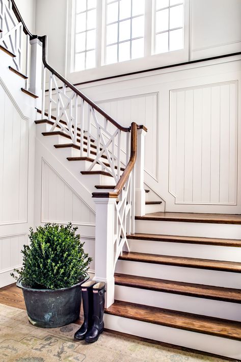 Columbus Farmhouse - Ashley Gilbreath Ashley Gilbreath Interiors, Ashley Gilbreath, White Staircase, Brandon Ingram, Stair Case, Foyer Decorating, Southern Homes, Countryside House, Atlanta Homes