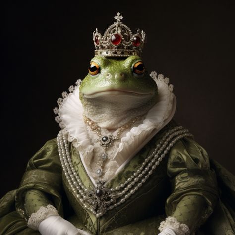 Frog Clothing, Frogs In Costumes, Frog Portrait, Frog With A Crown, Medieval Frog Art, Frog Dress, Victorian Frog Illustration, Frog Pictures, Queen Art